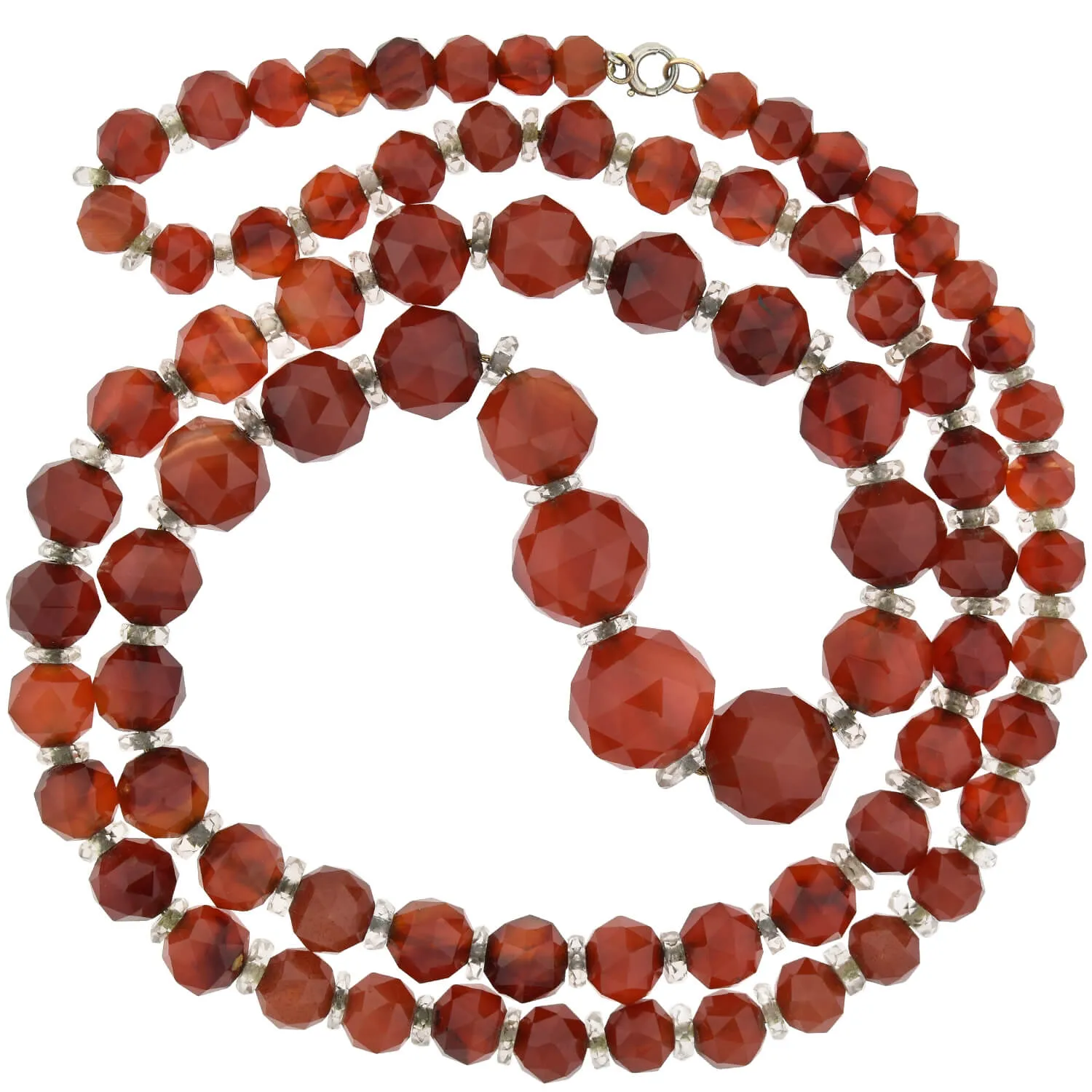 Art Deco Faceted Carnelian   Rock Crystal Graduated Bead Necklace 28.5"