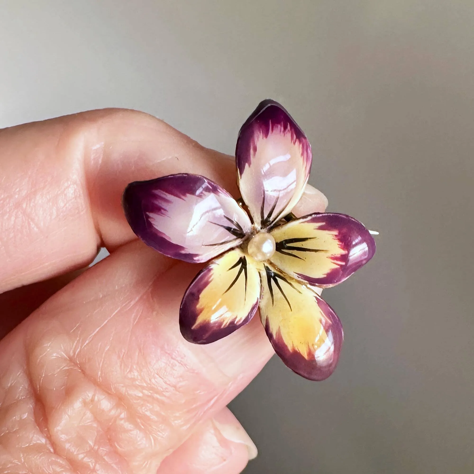 Art Nouveau 14K Gold Enamel Viola Pansy Brooch