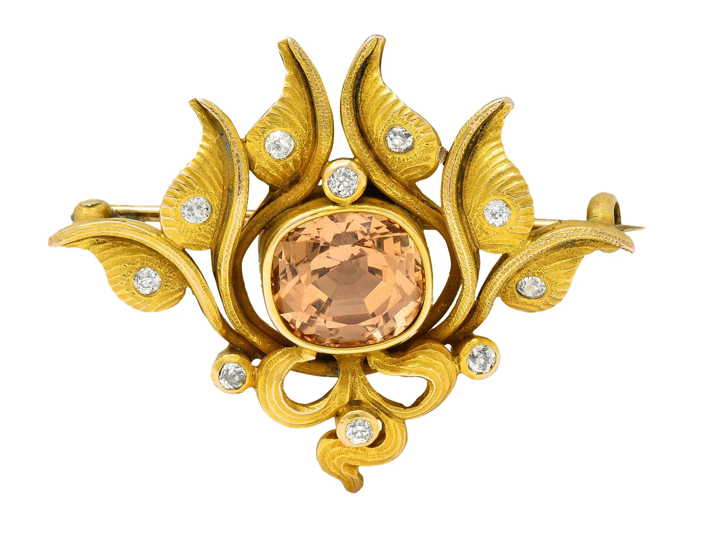 Art Nouveau 5.05 CTW Imperial Topaz Diamond 14 Karat Gold Foliate Brooch