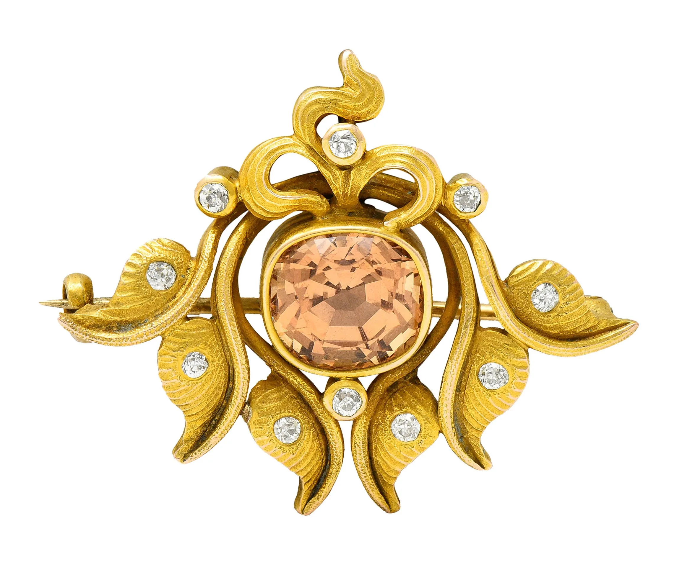 Art Nouveau 5.05 CTW Imperial Topaz Diamond 14 Karat Gold Foliate Brooch