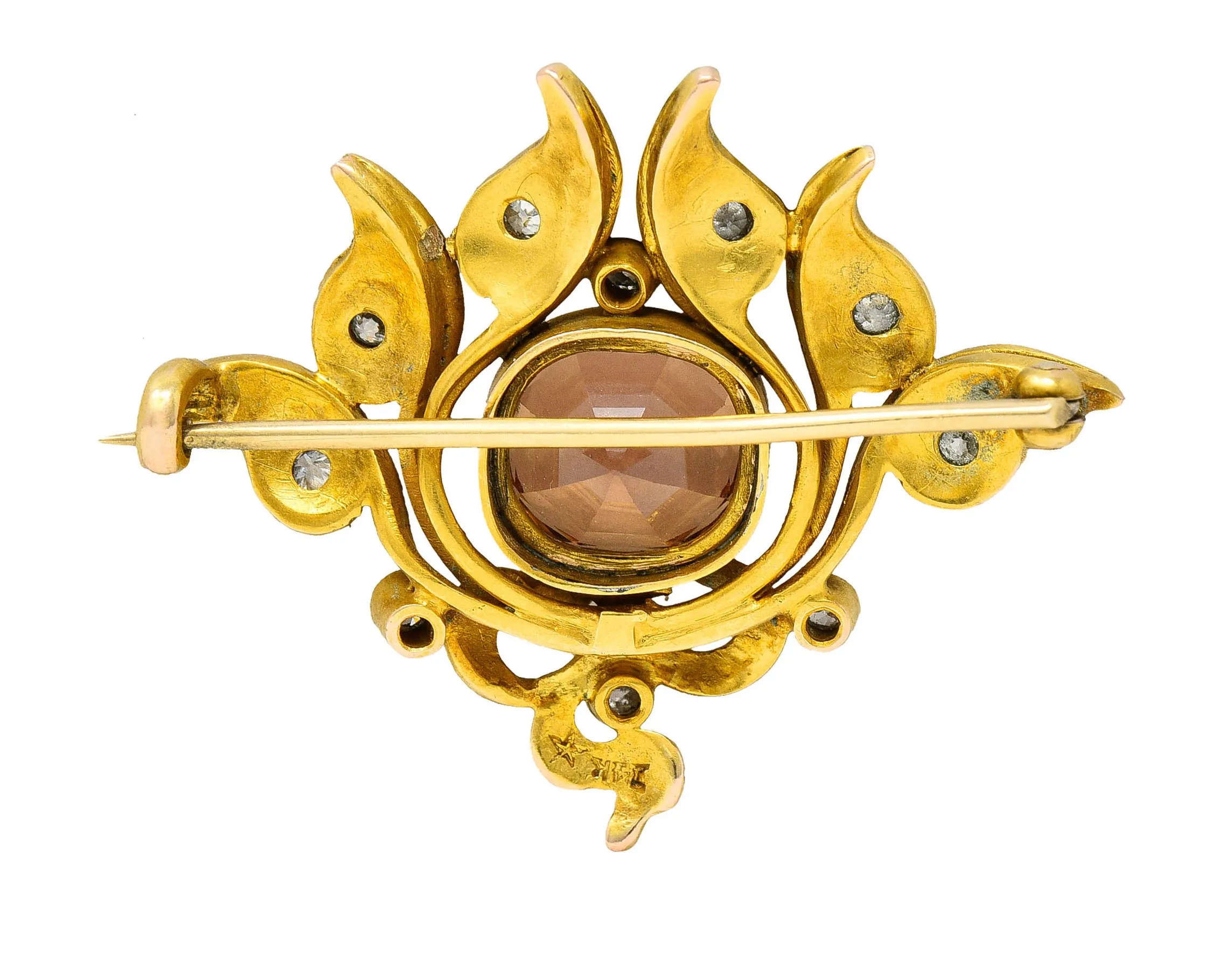 Art Nouveau 5.05 CTW Imperial Topaz Diamond 14 Karat Gold Foliate Brooch