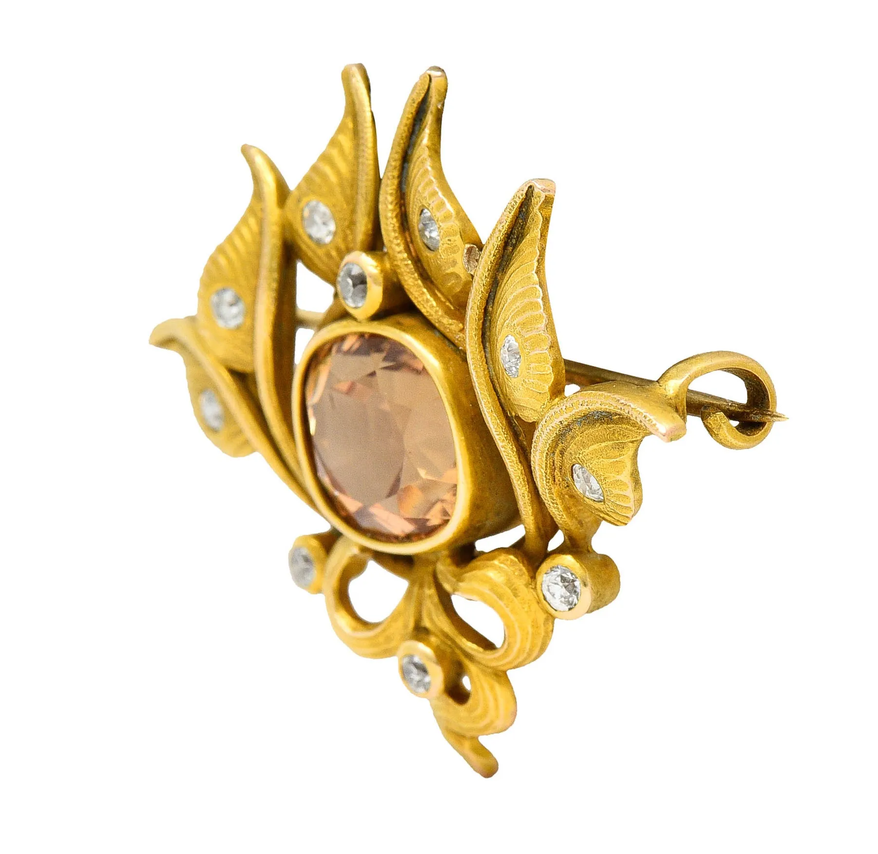 Art Nouveau 5.05 CTW Imperial Topaz Diamond 14 Karat Gold Foliate Brooch