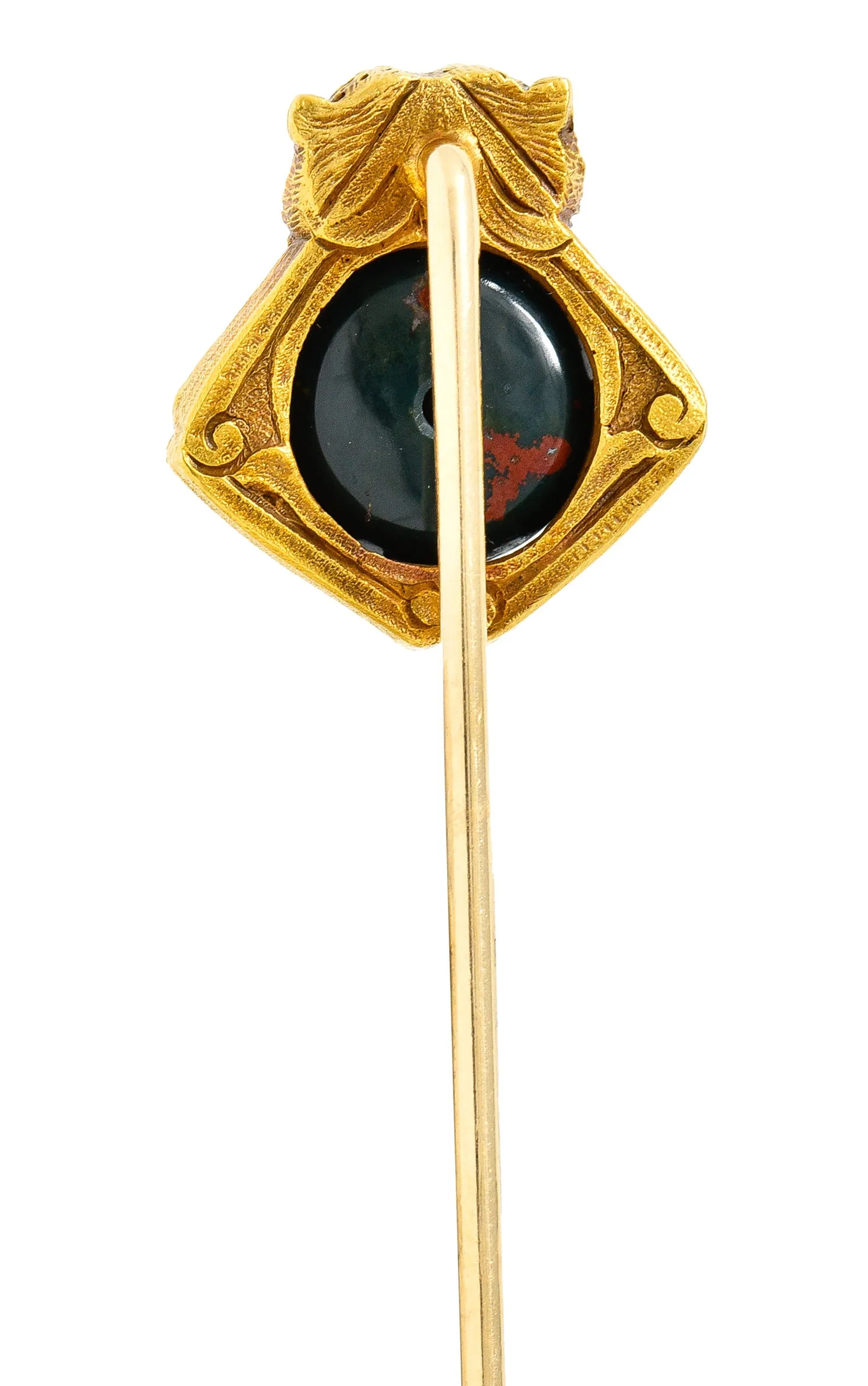 Art Nouveau Bloodstone Cabochon 18 Karat Yellow Gold Lion Lotus Antique Murrle Bennet Stickpin