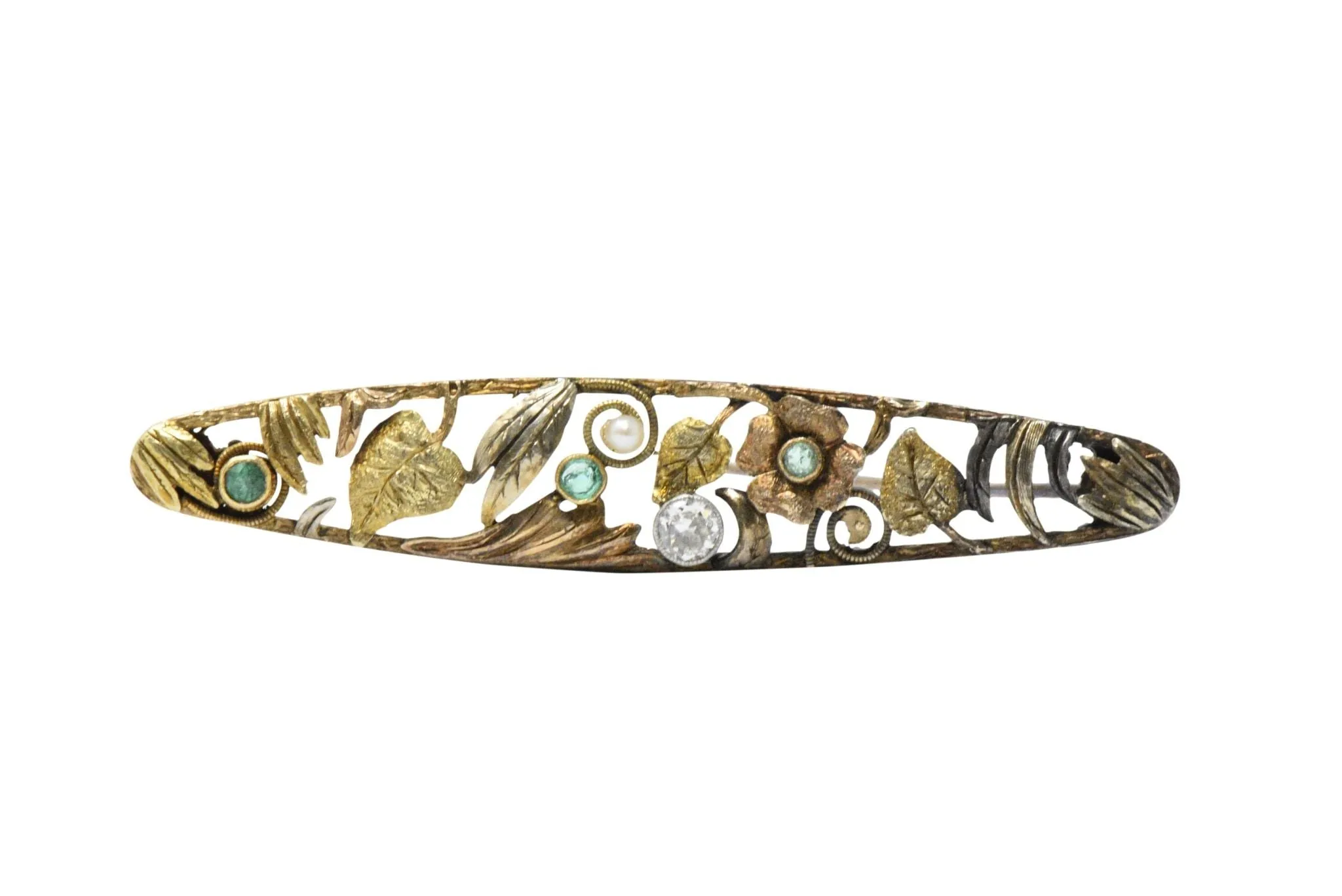 Art Nouveau Diamond, Emerald & Pearl 14K Tri-Color Gold Bar Brooch