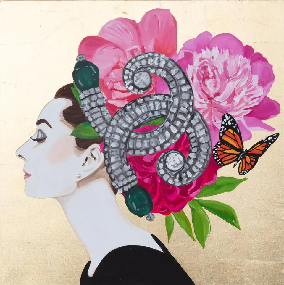 Audrey with Peonies and Antique Diamond Brooch