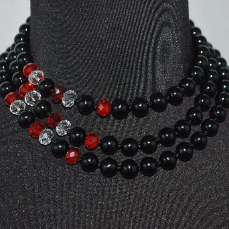 Black Onyx Agate With Red and White Crystal Elegant Beaded Necklace