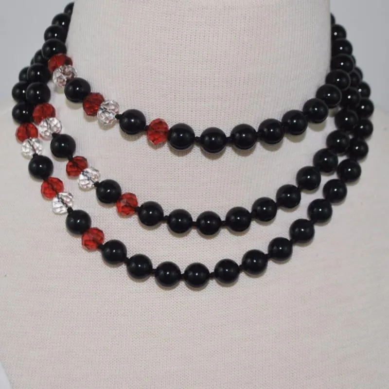 Black Onyx Agate With Red and White Crystal Elegant Beaded Necklace