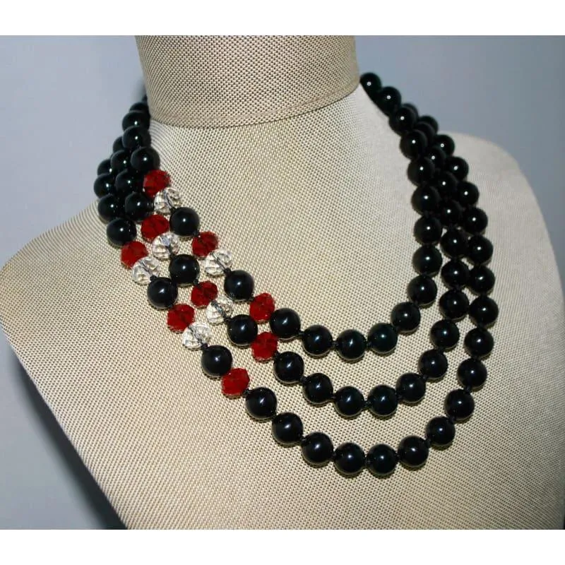 Black Onyx Agate With Red and White Crystal Elegant Beaded Necklace