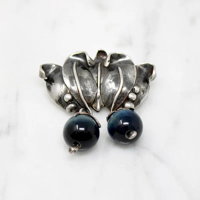 Blueberries Sterling & Blue Cat's Eye Brooch