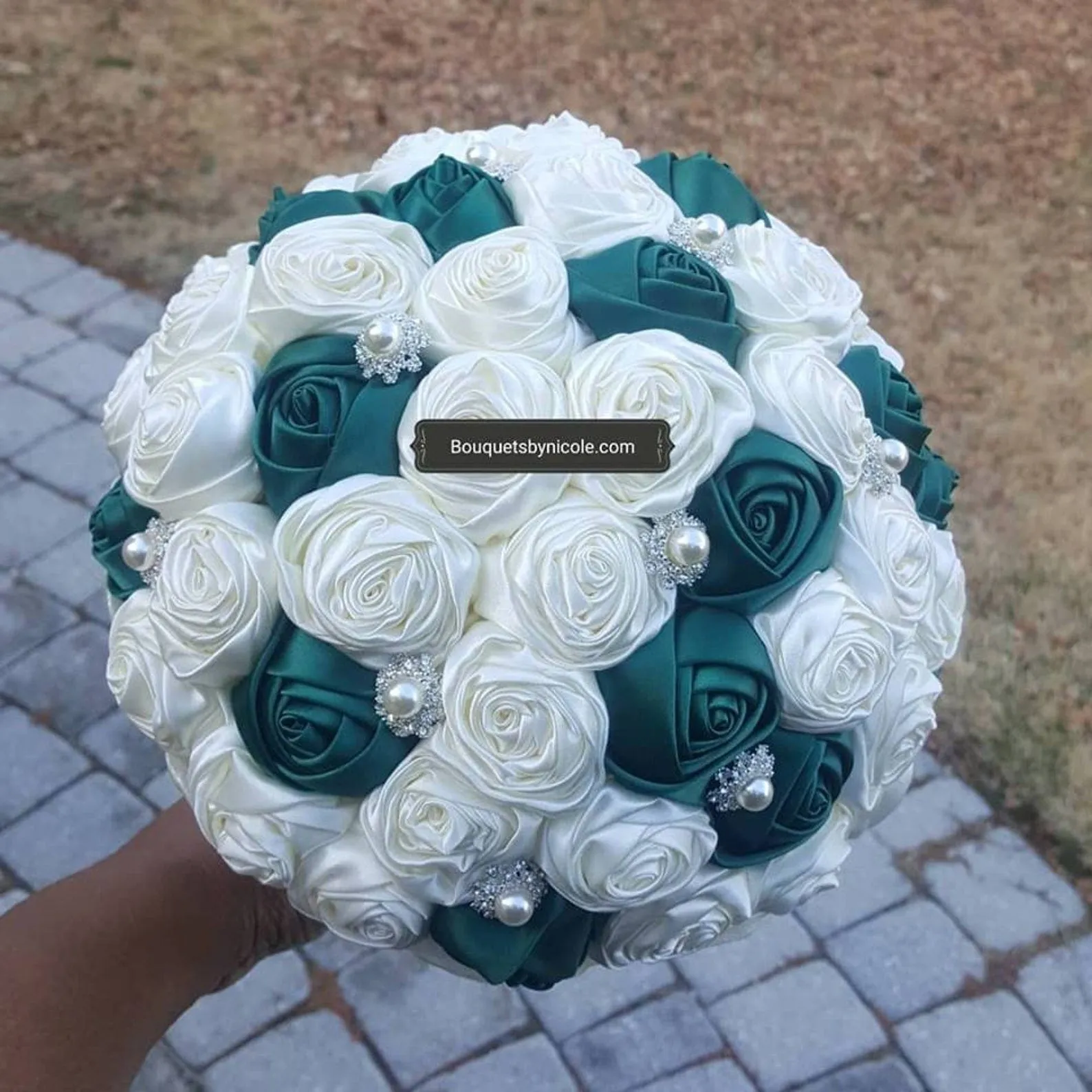 BM-016 ~ Ivory & Emerald Green Satin Roses Budget Brooch Bouquet or DIY KIT