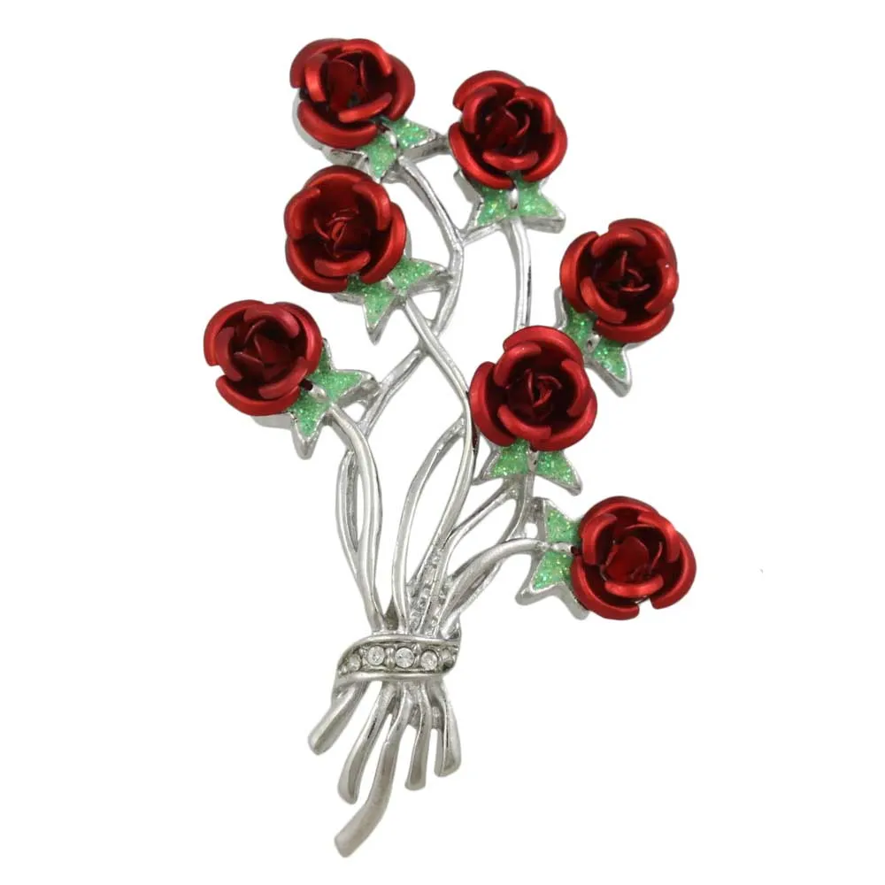 Bouquet of 7 Red Roses with Green Leaves Brooch Pin - PRL415