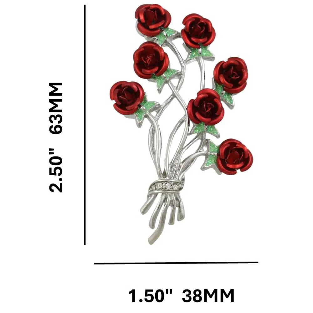 Bouquet of 7 Red Roses with Green Leaves Brooch Pin - PRL415