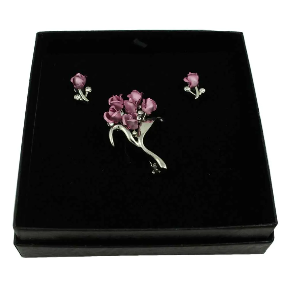 Bouquet of Lavender Roses Pin and Rose Earring Set - PRL105SPBS