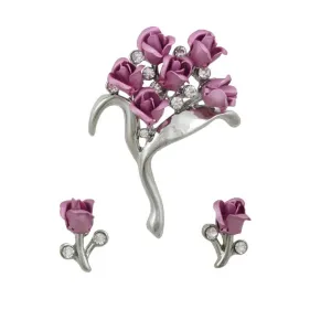 Bouquet of Lavender Roses Pin and Rose Earring Set - PRL105SPBS