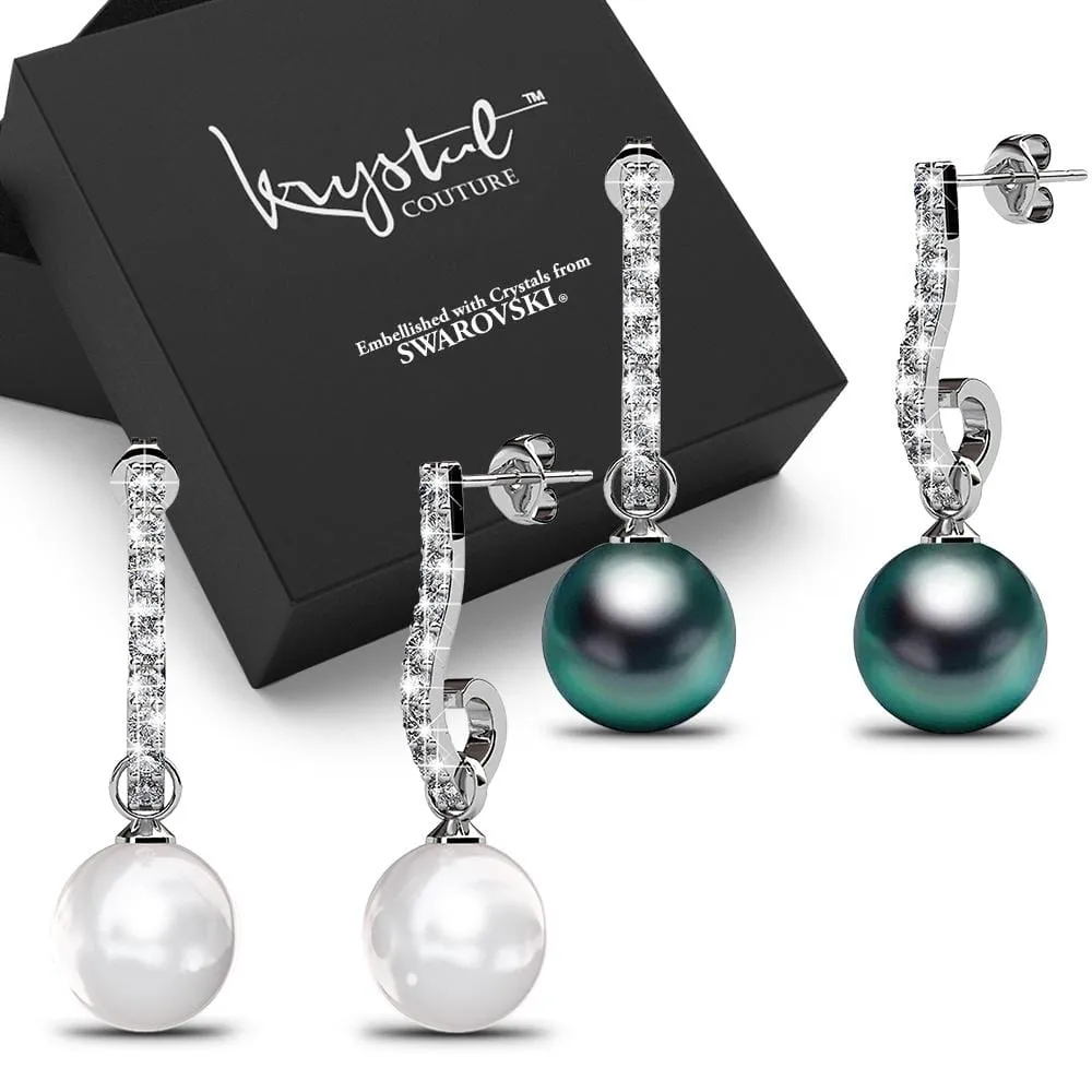 Boxed 2 Pairs Luminous Pearl Stud Earrings Set in White Gold Embellished with SWAROVSKI Crystal Iridescent Tahitian Look Pearls