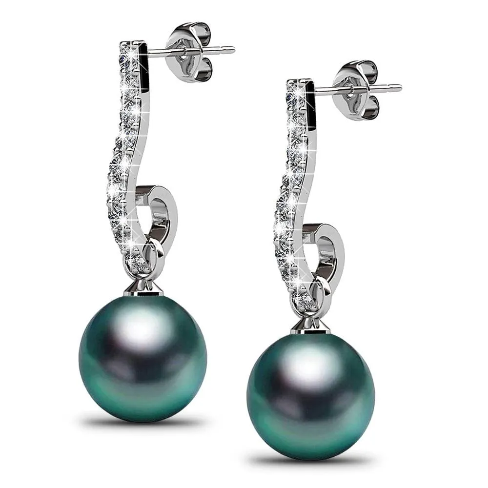 Boxed 2 Pairs Luminous Pearl Stud Earrings Set in White Gold Embellished with SWAROVSKI Crystal Iridescent Tahitian Look Pearls