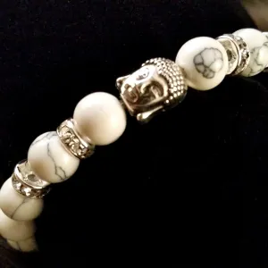 Bracelet Buddha White Howlite Stone Silver Swarovski Crystal