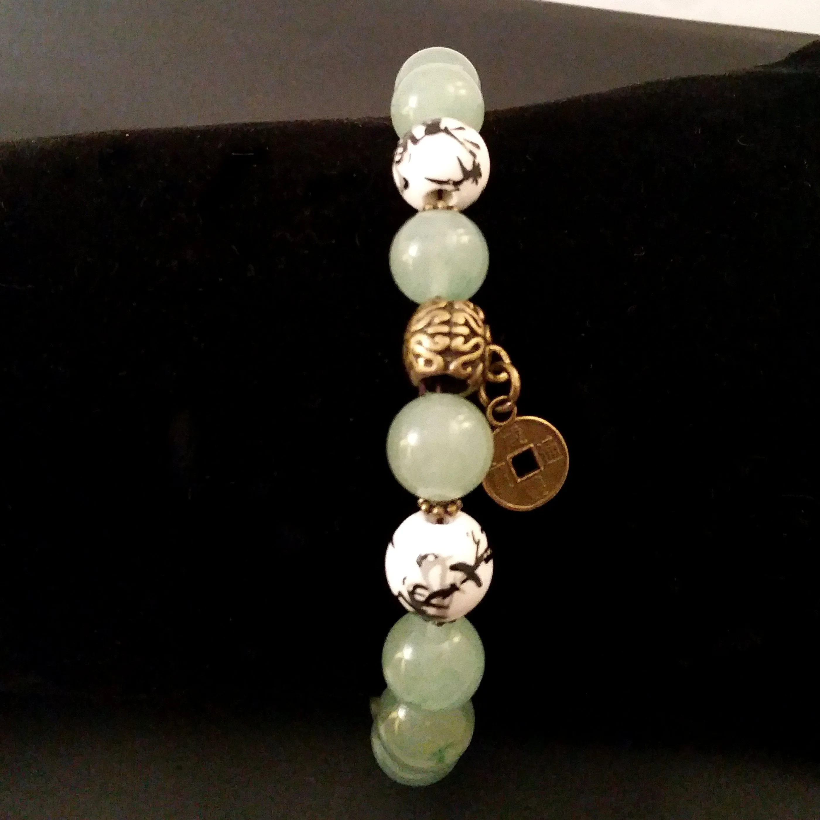 Bracelet Chinoiserie Jade Green Aventurine Bronze Coin Stretch Accent Stack