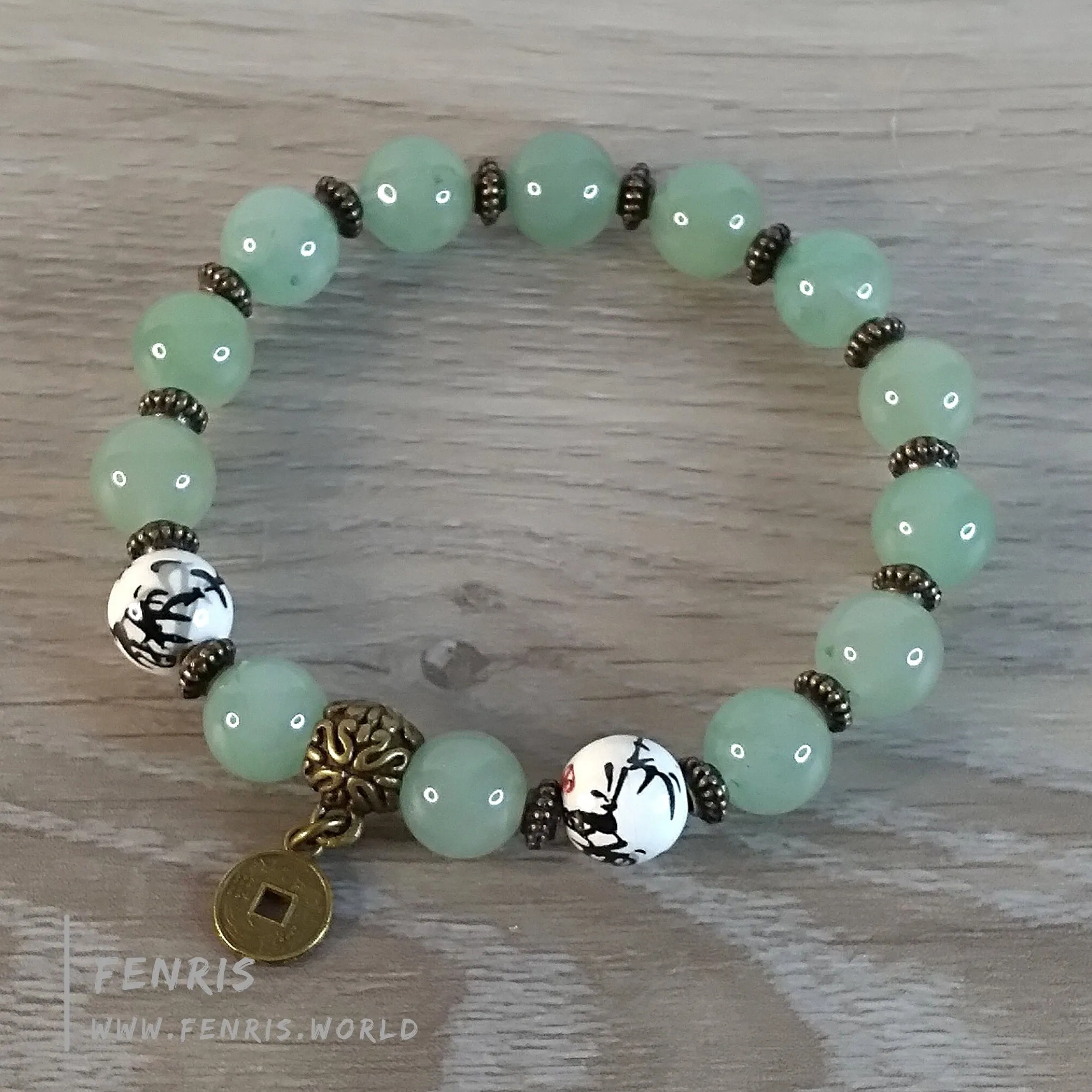 Bracelet Chinoiserie Jade Green Aventurine Bronze Coin Stretch Accent Stack