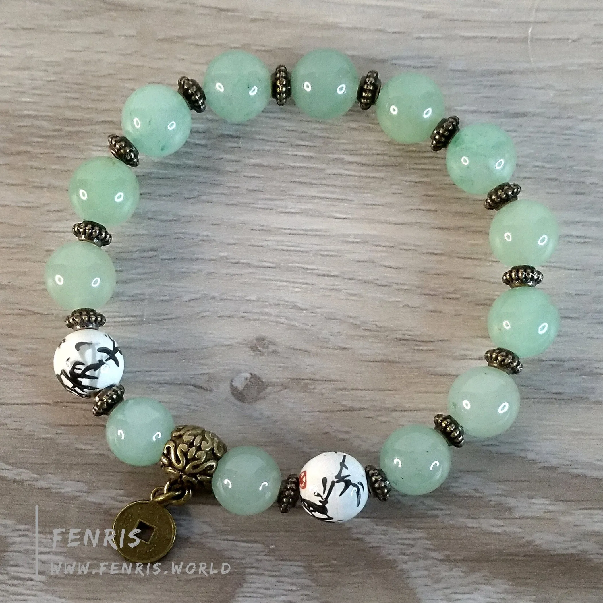 Bracelet Chinoiserie Jade Green Aventurine Bronze Coin Stretch Accent Stack