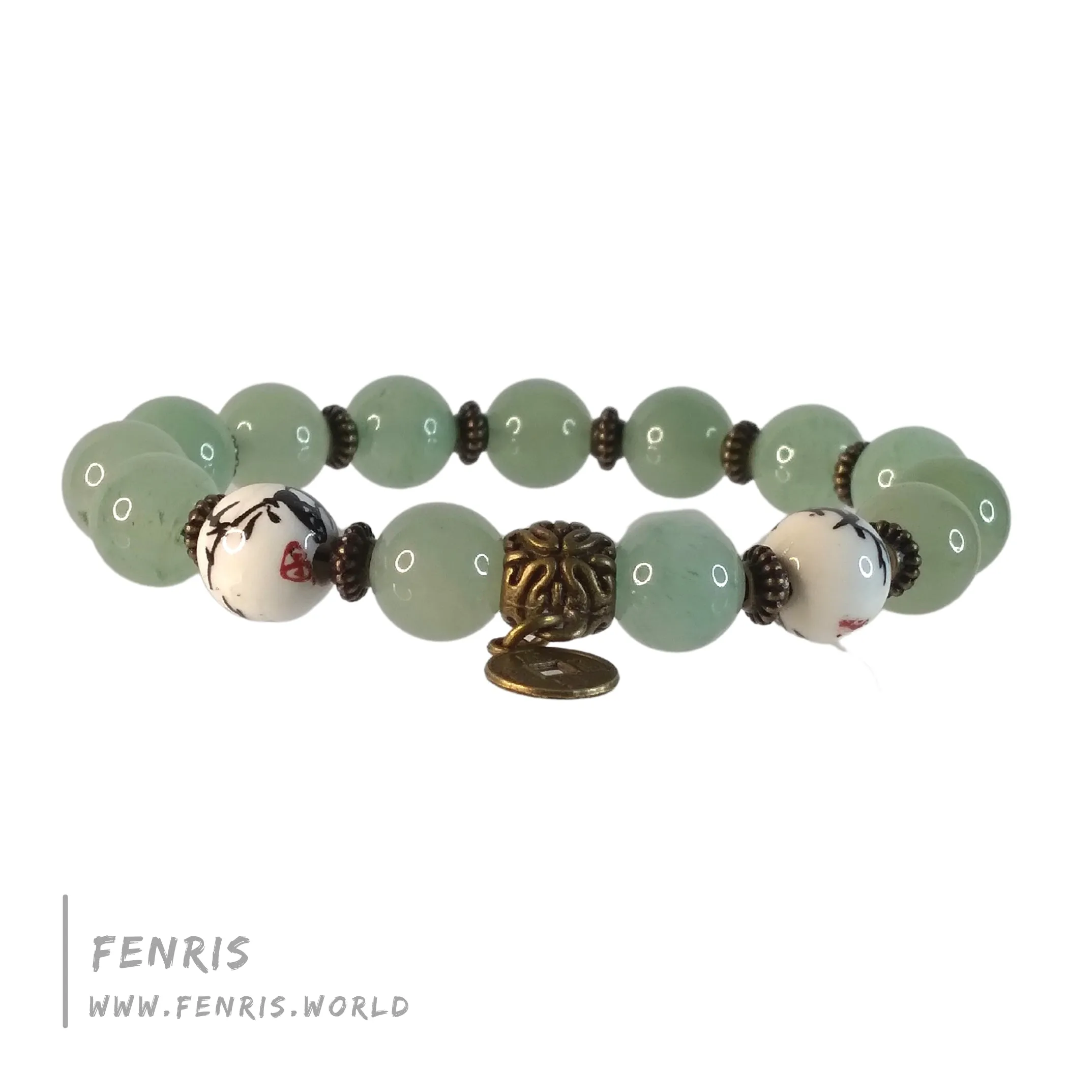 Bracelet Chinoiserie Jade Green Aventurine Bronze Coin Stretch Accent Stack