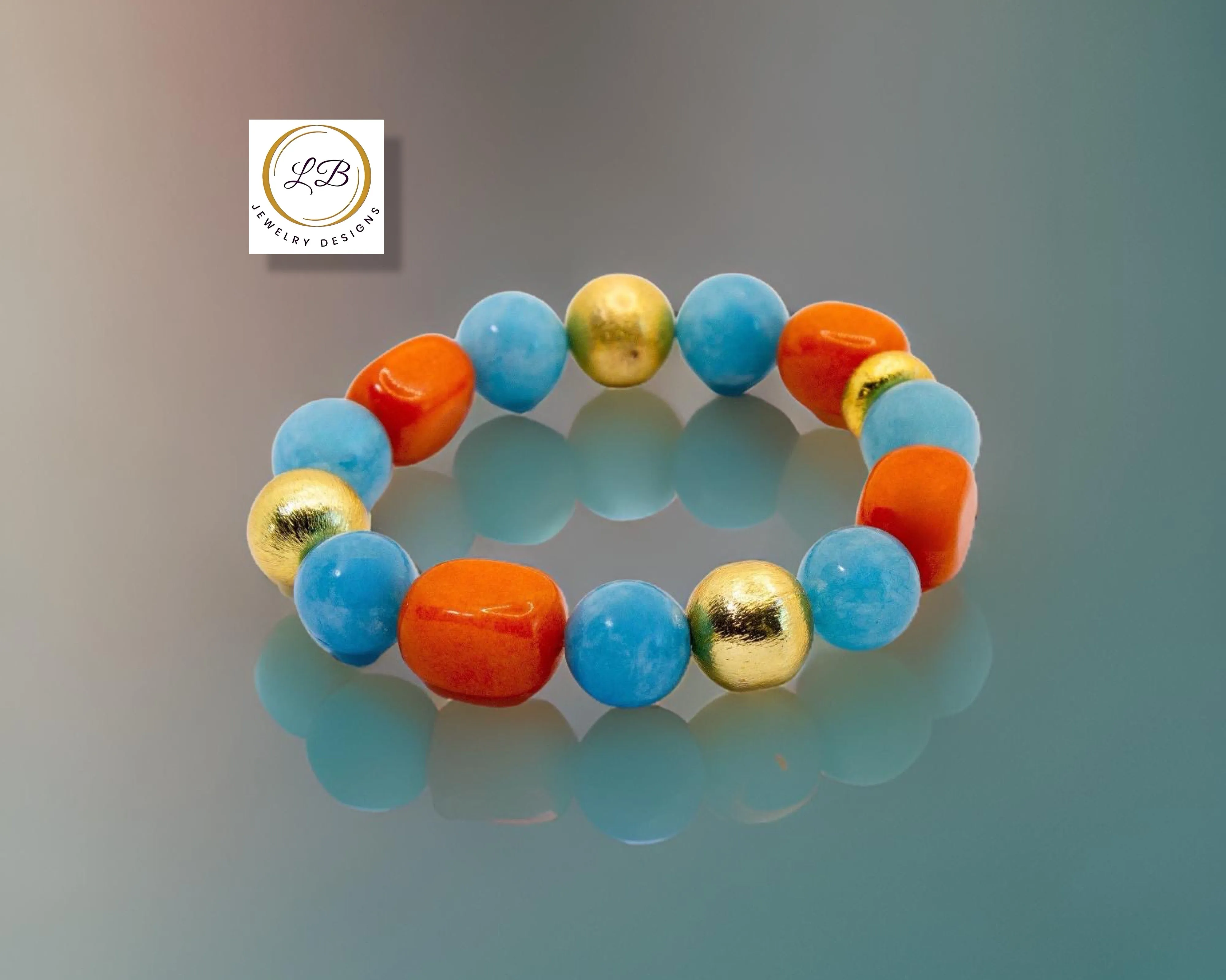 Carnelian & Aquamarine Gemstone Gold Beaded Bracelet