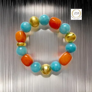 Carnelian & Aquamarine Gemstone Gold Beaded Bracelet