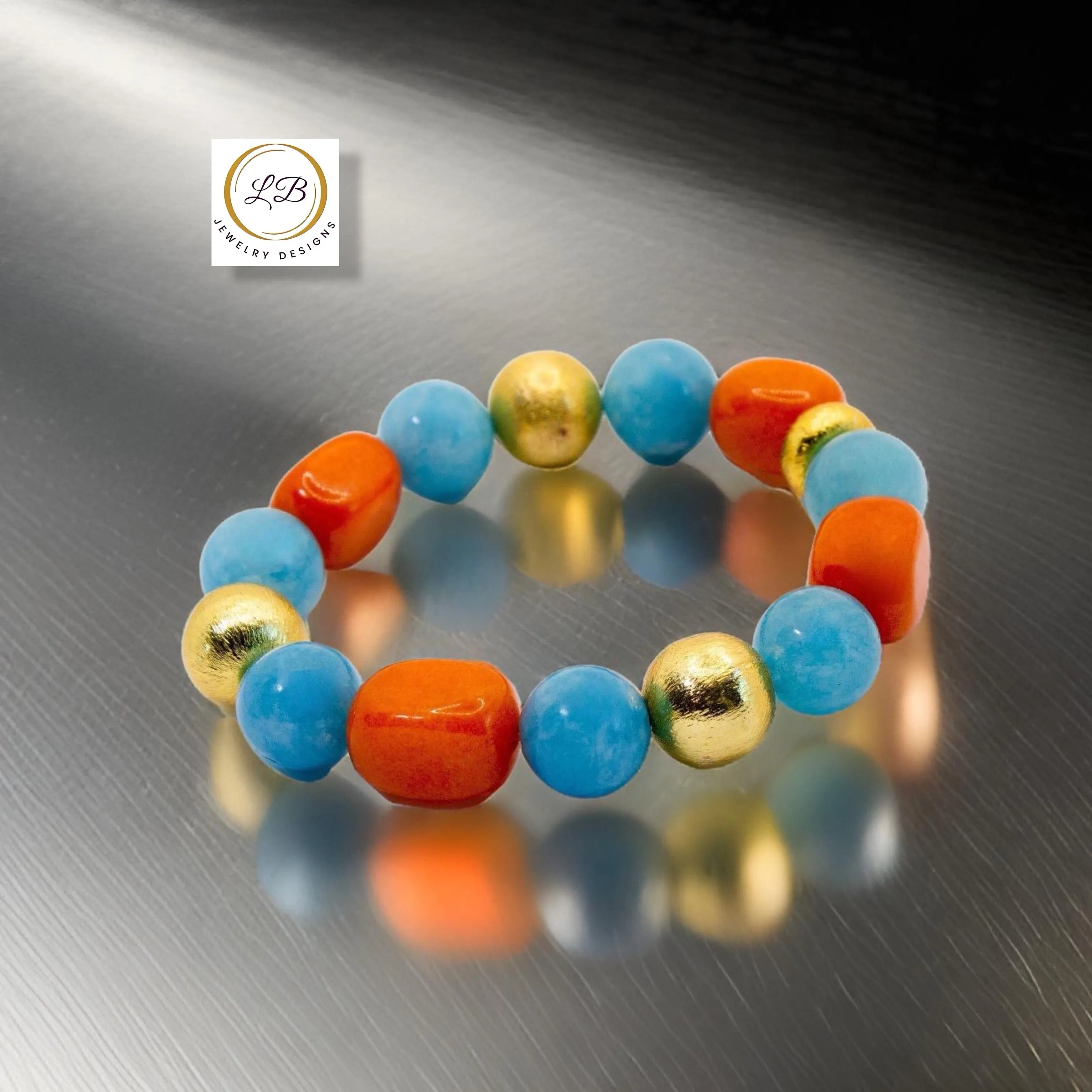 Carnelian & Aquamarine Gemstone Gold Beaded Bracelet