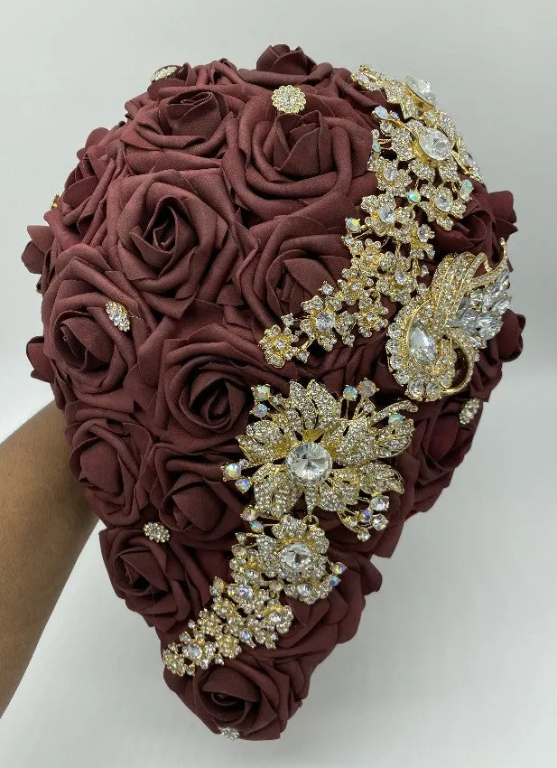 CAS-001 ~ Cascading Waterfall Burgundy & Gold Real Touch Roses Brooch Bouquet