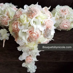 CB-008 ~ Made to Order Blush Real Touch Calla Lily & Silk Roses Cascade Brooch Bouquet or DIY KIT