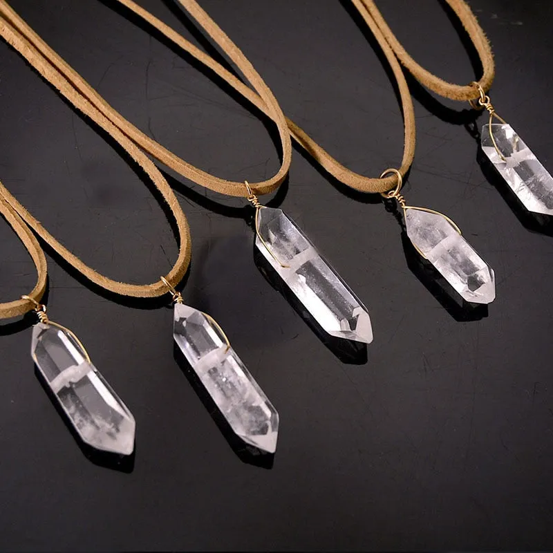 Clear Crystal On Suede Necklace Tan Gray Or Black Faux Leather Natural Quartz Stone Crystal Healing For The Mind Body And Soul