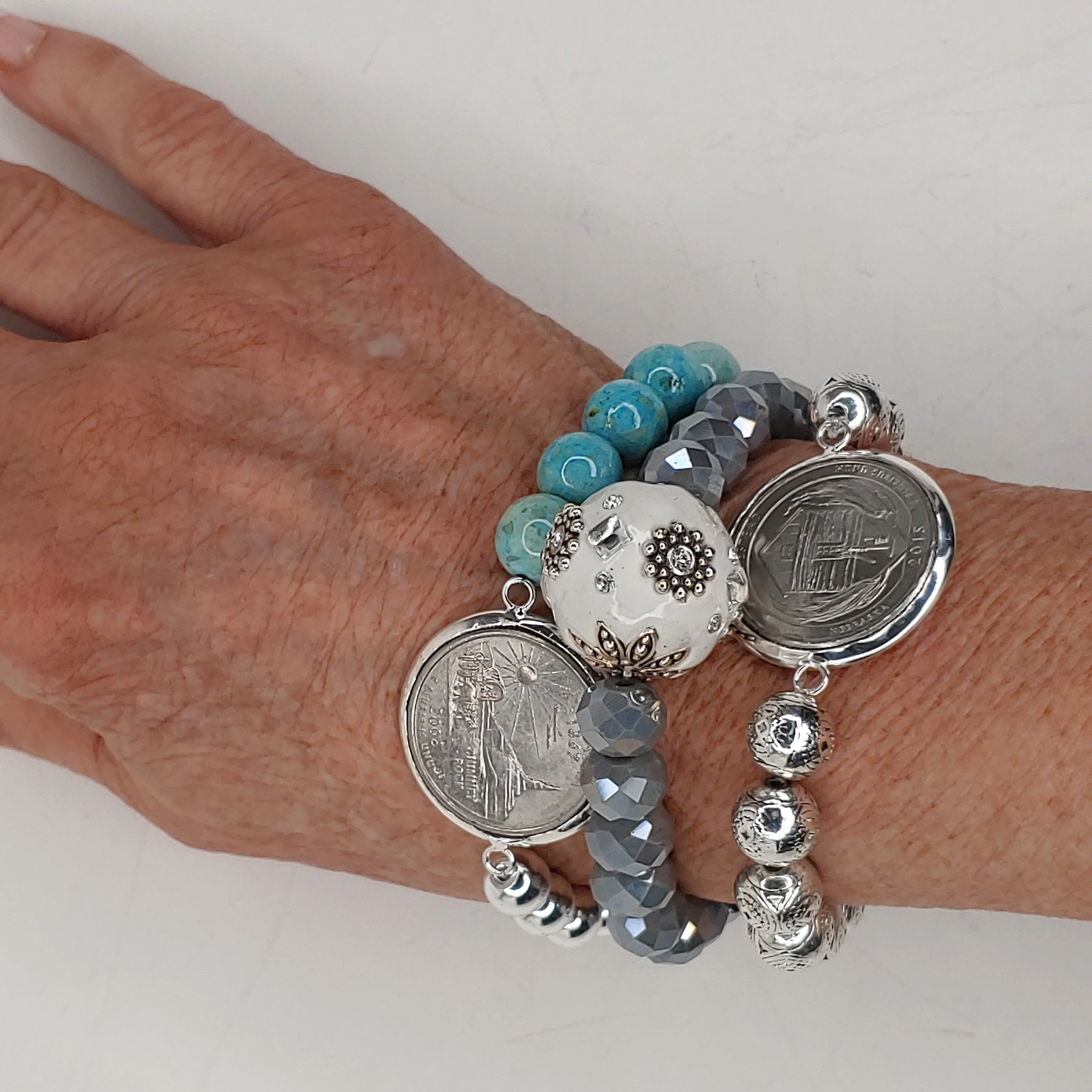 Coin Bracelet Silver Beaded