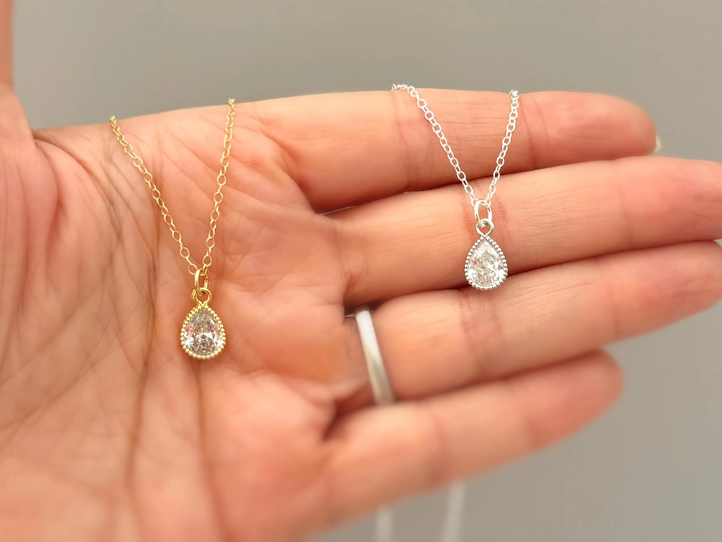 Dainty Crystal Tear Drop Necklace Gold, silver