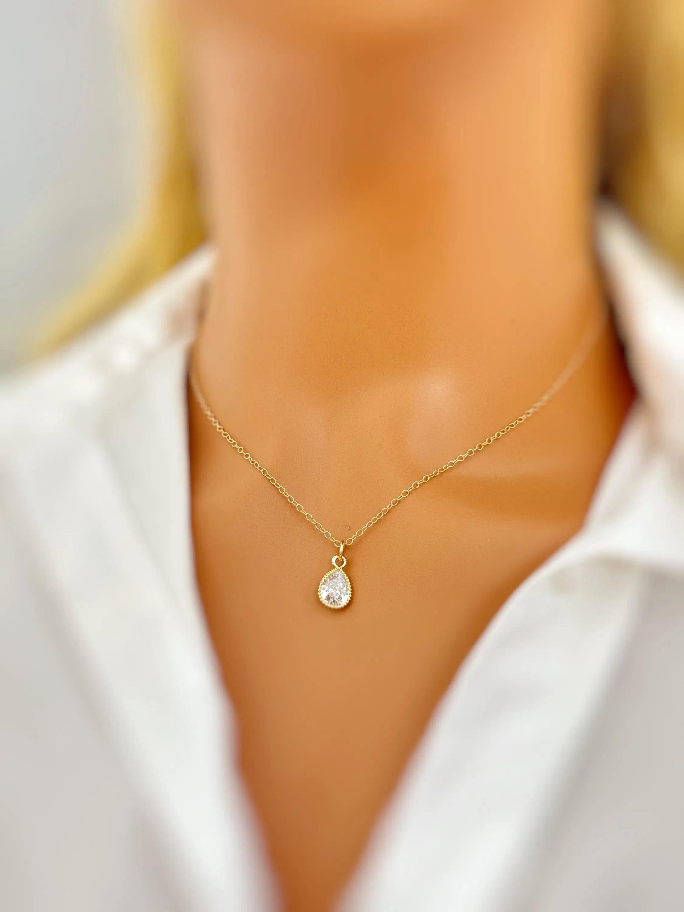 Dainty Crystal Tear Drop Necklace Gold, silver