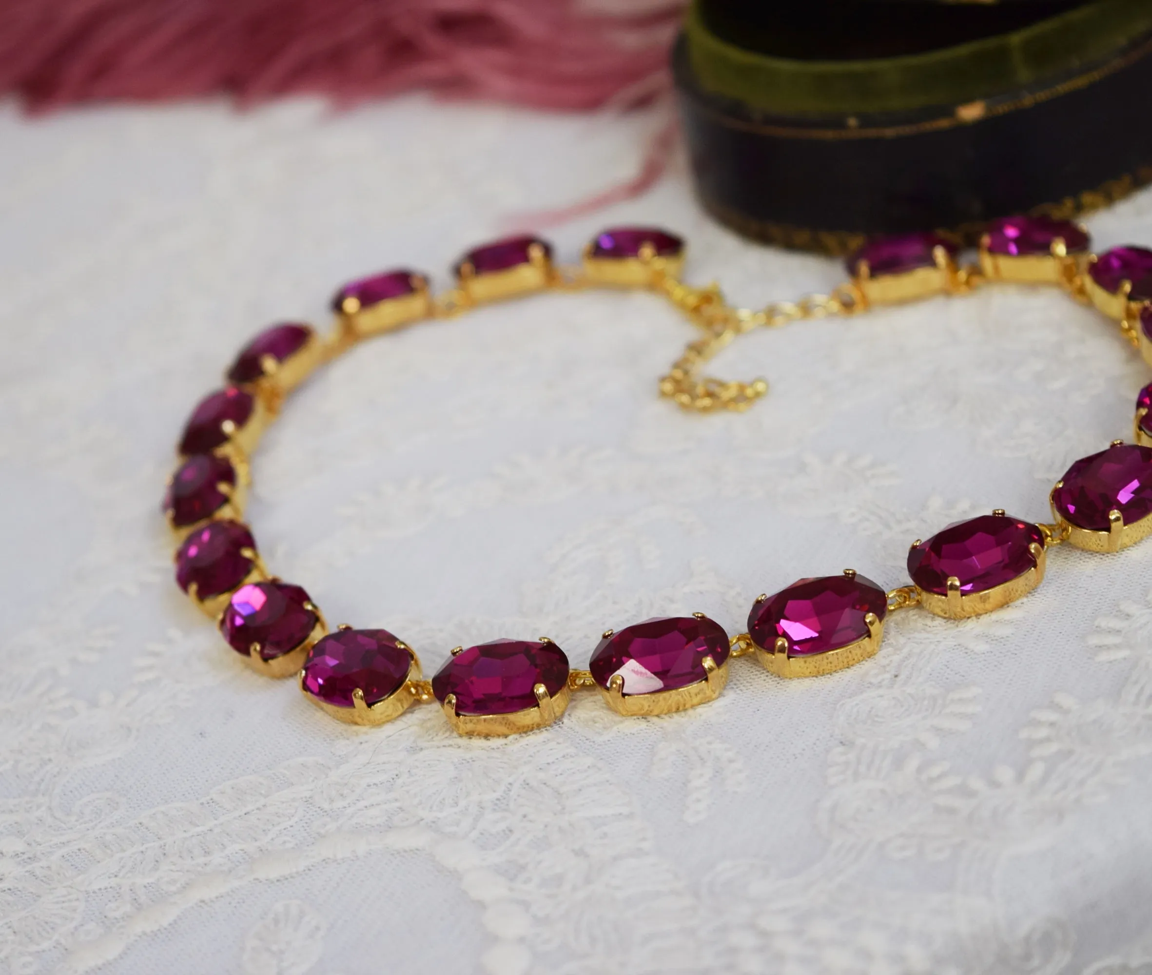 Dark Pink Aurora Crystal Collet Necklace - Large Oval