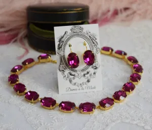 Dark Pink Aurora Crystal Collet Necklace - Large Oval