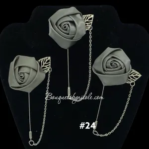 Dark Silver Mens Formal wear Boutonniere, Lapel Leaf Pin, Satin Rose Lapel Pin l Groom Boutonniere l Wedding BOUT- 920