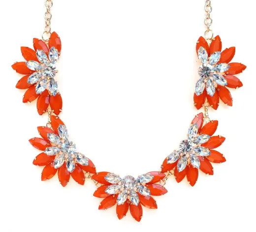 Designer Inspired Fan Crystal Statement Necklace- Orange