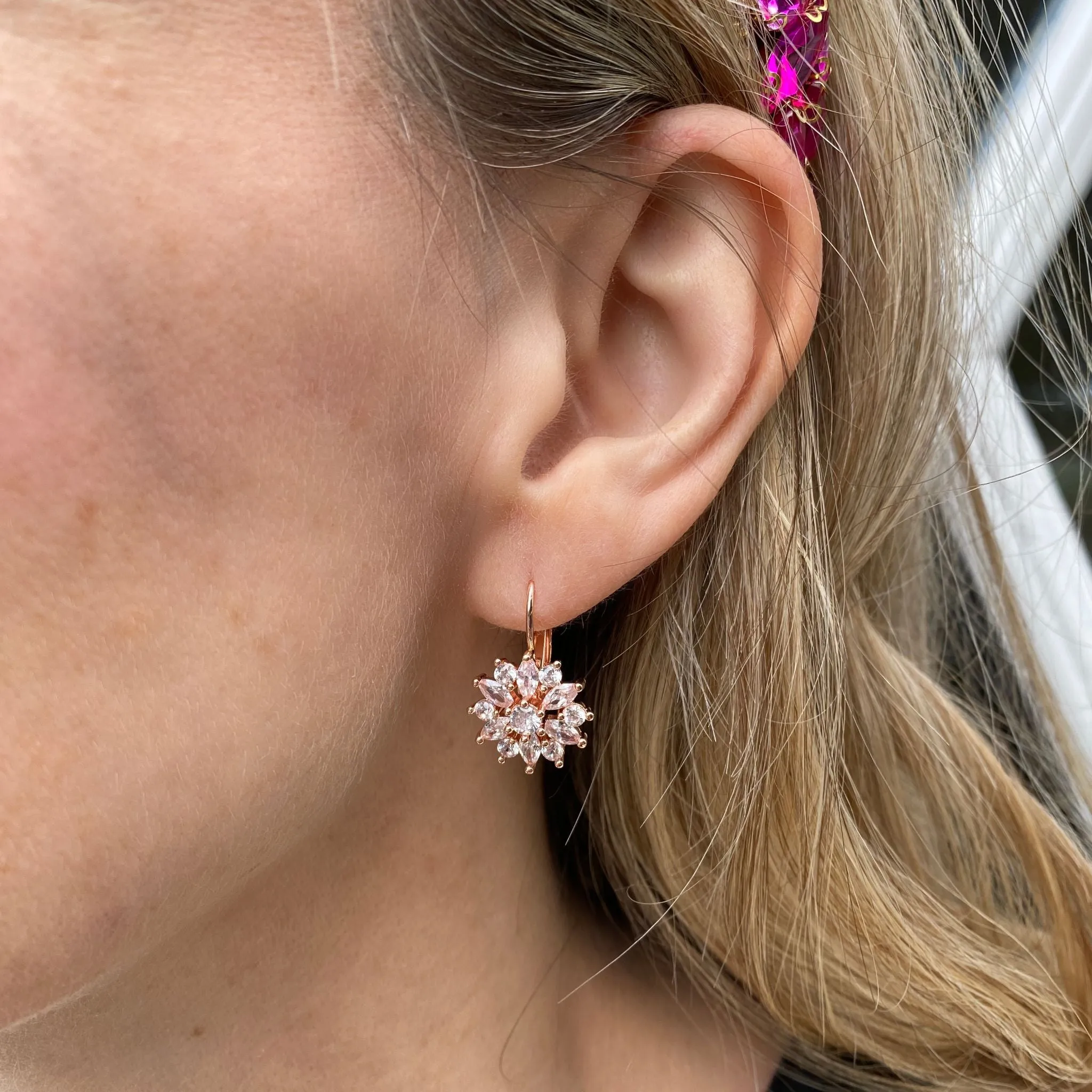 Diamante Earrings Floral Earrings in Gold Silver or Rose Gold