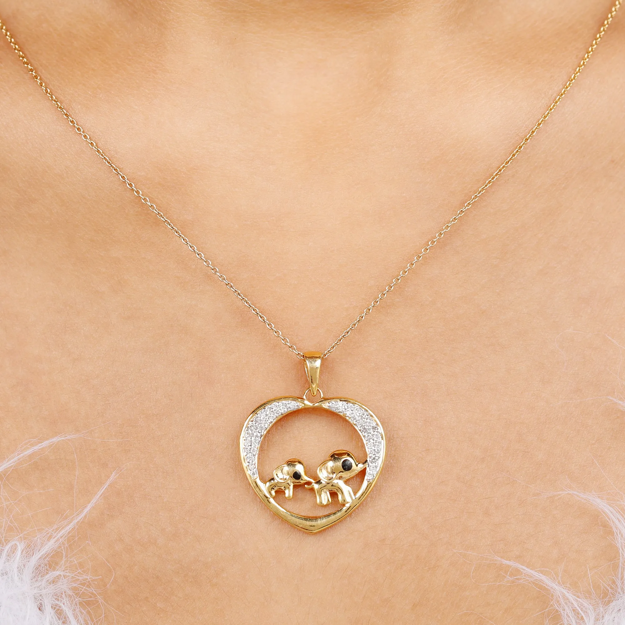 Diamond and Gold Heart Elephant Pendant Necklace