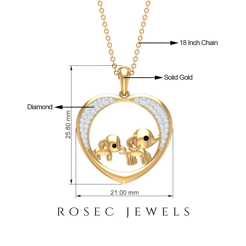 Diamond and Gold Heart Elephant Pendant Necklace