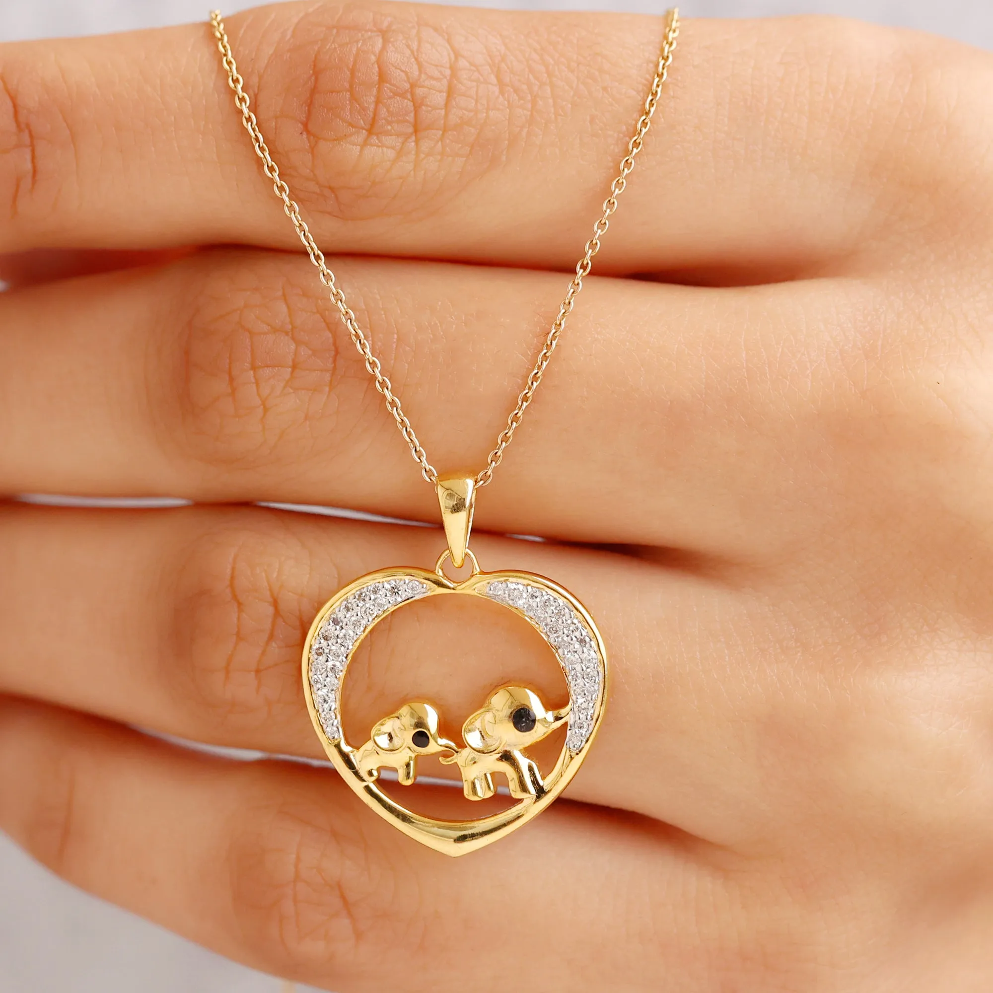 Diamond and Gold Heart Elephant Pendant Necklace