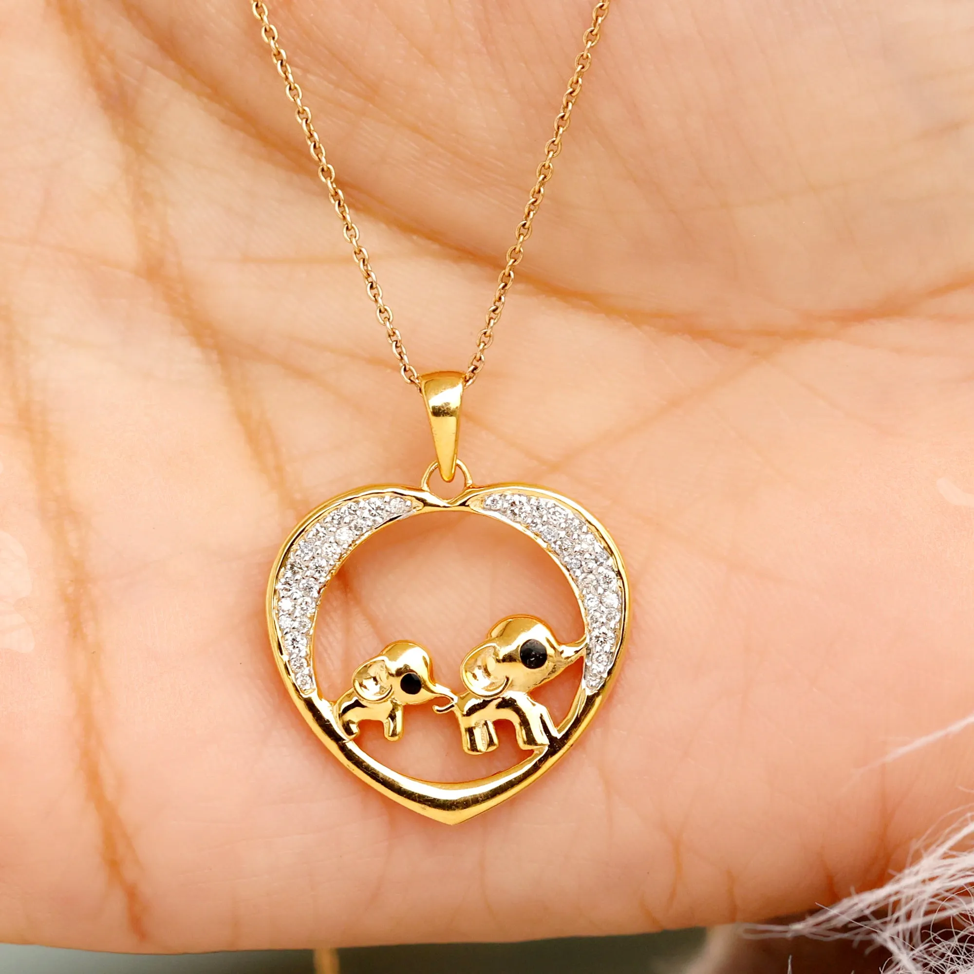 Diamond and Gold Heart Elephant Pendant Necklace