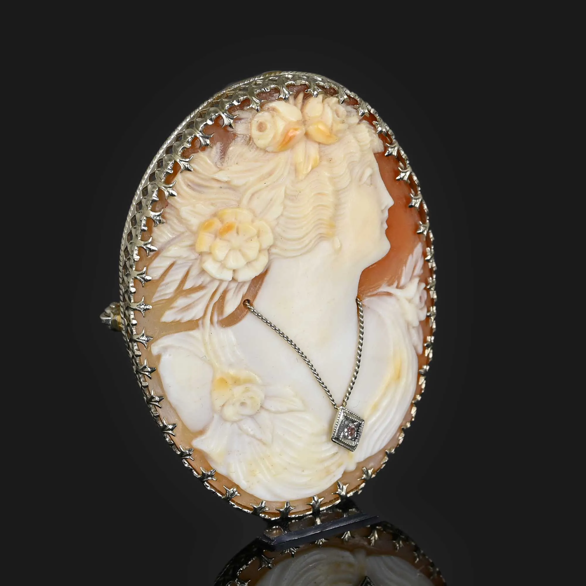 Diamond Cameo Habille 14K White Gold Brooch