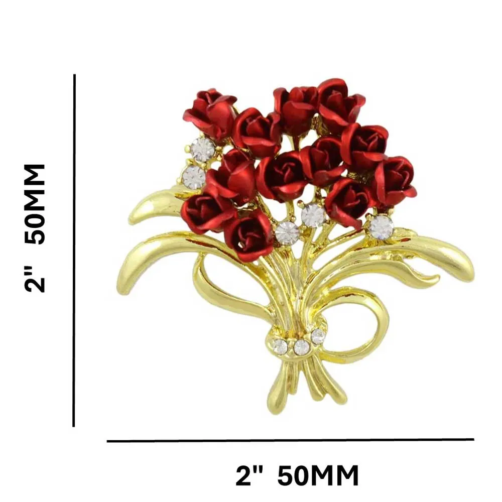 Dozen Red Roses Bouquet with Crystals Flower Brooch Pin - PRL005