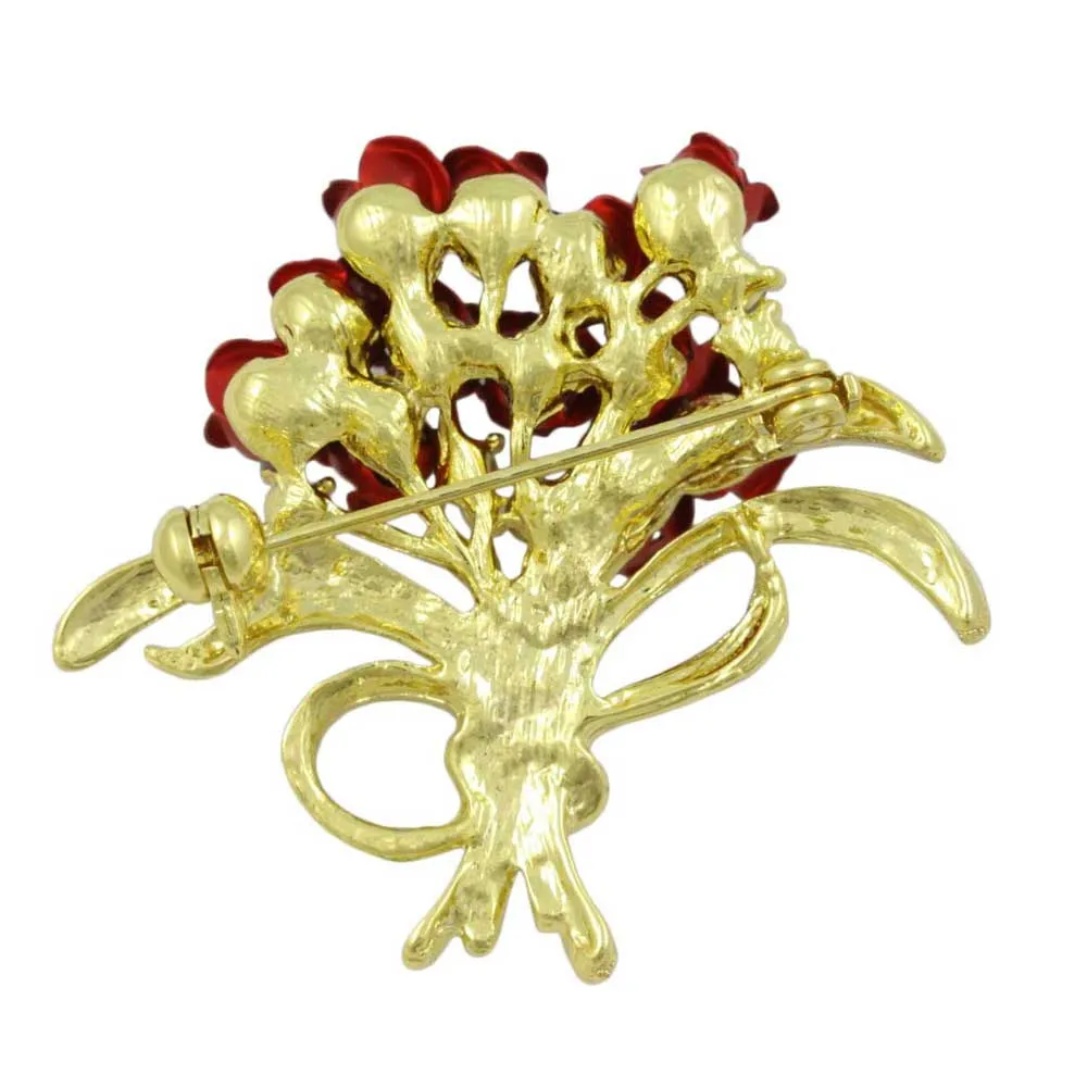 Dozen Red Roses Bouquet with Crystals Flower Brooch Pin - PRL005