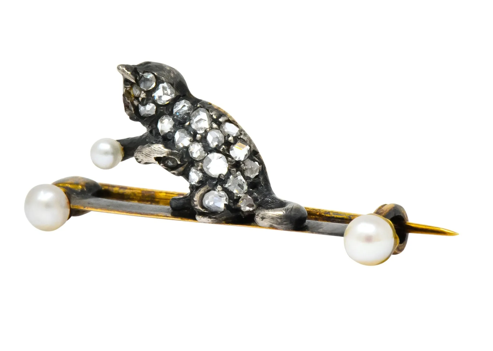 Early Victorian Diamond Pearl Silver-Topped 18 Karat Gold Cat / Kitten Brooch