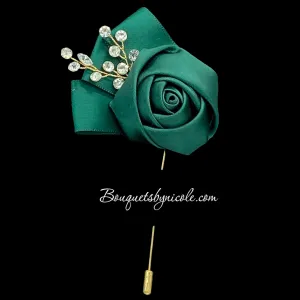 Emerald Green Mens Formal wear Boutonniere, Lapel Leaf Pin, Satin Ribbon Lapel Pin l Groom Boutonniere l Wedding BOUT- 023