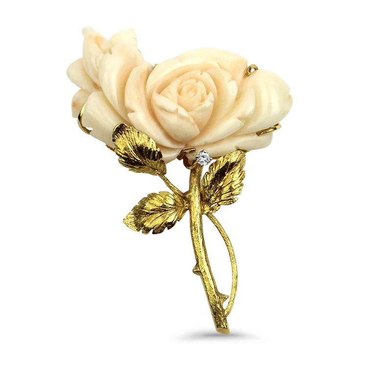 Estate 18K Yellow Gold Carved Coral Rose Brooch