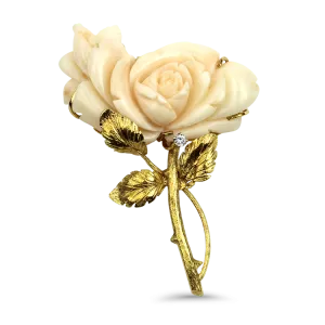 Estate 18K Yellow Gold Carved Coral Rose Brooch